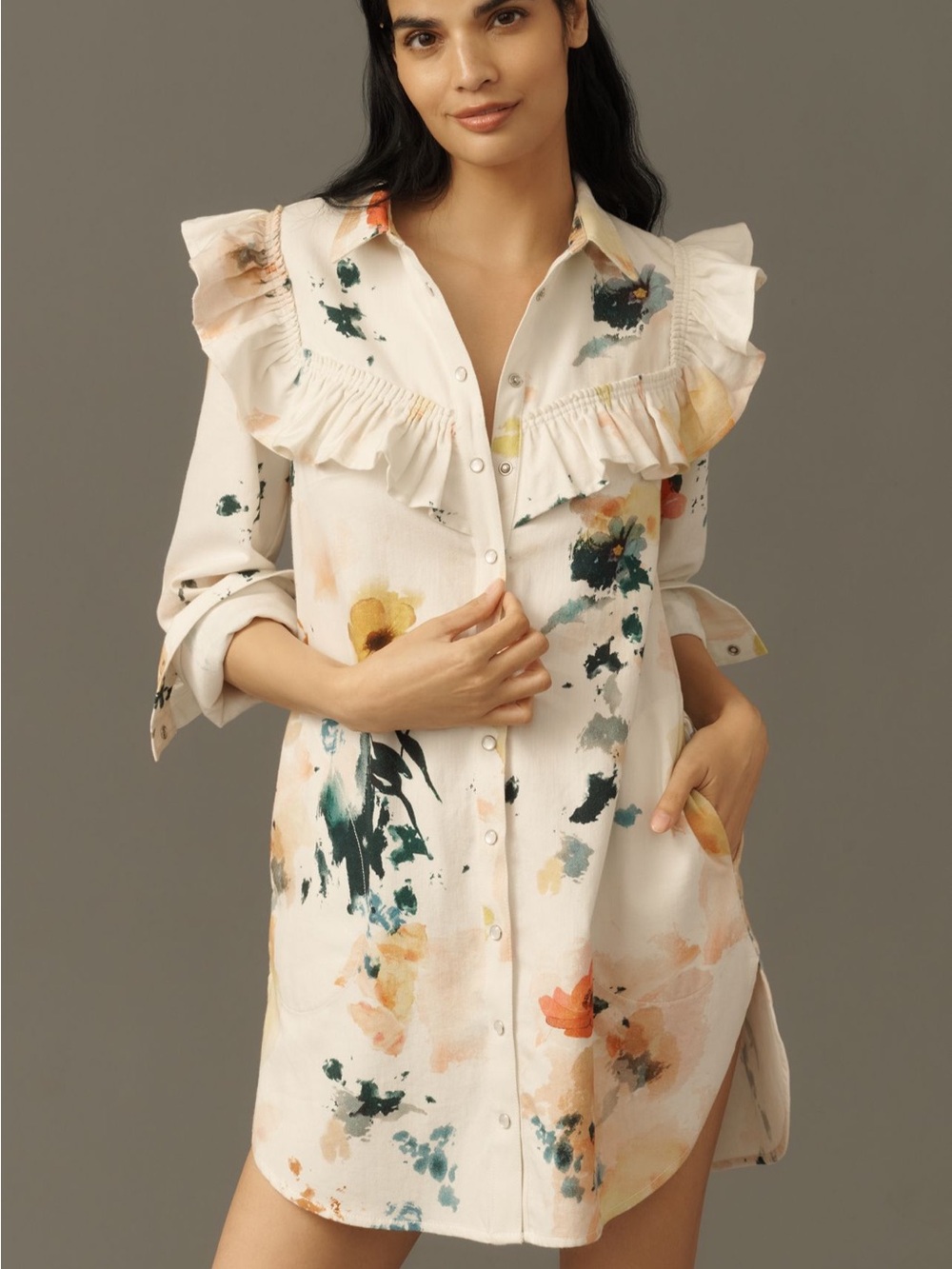 Pilcro White Floral Ruffle Button-Front dress